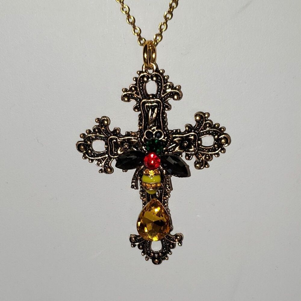 Artisan Filigree Cross Religious Gothic Steampunk Glass Bee Rhinestone Statement